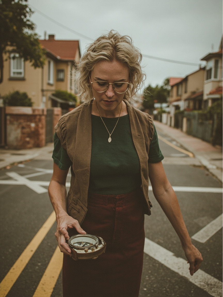 A woman pausing at a crossroads
